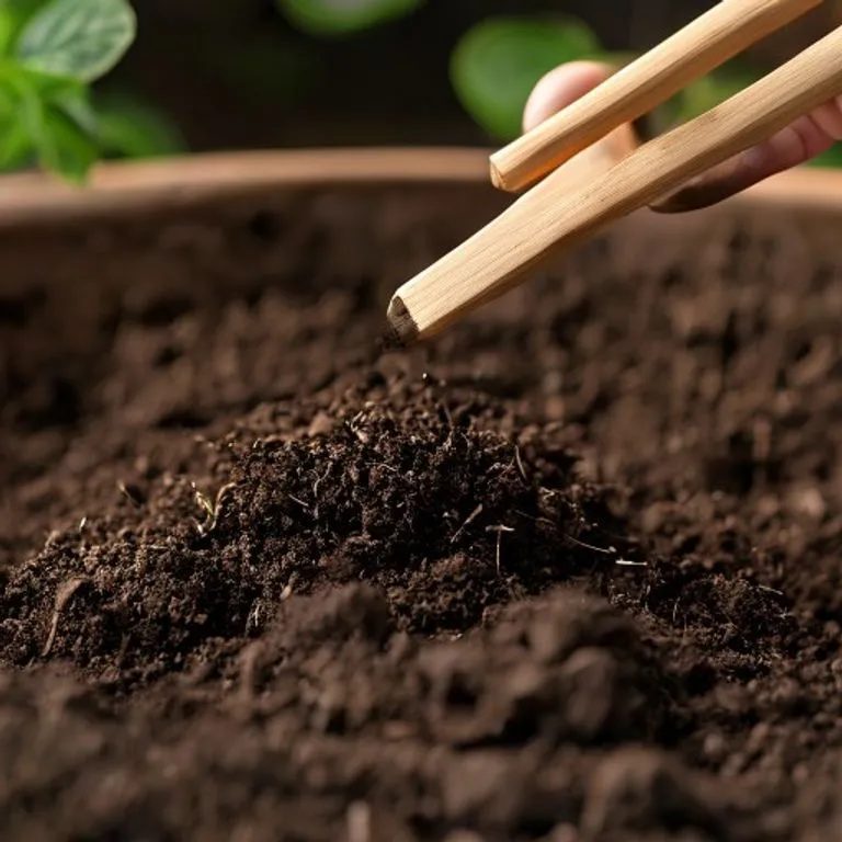 Using a chopstick to aerate compacted soil in a plant pot to allow oxygen to reach the roots