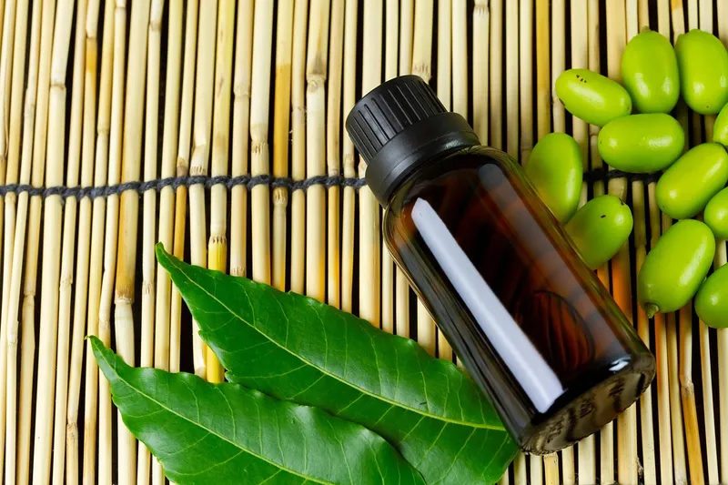 A bottle of organic neem oil sitting on a wooden garden table next to healthy plants