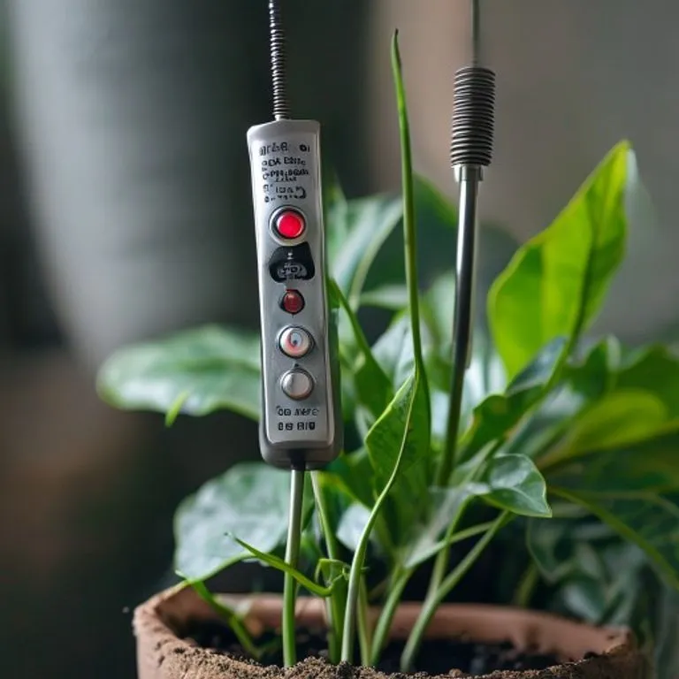Moisture meter being used in a potted houseplant to accurately measure soil wetness levels