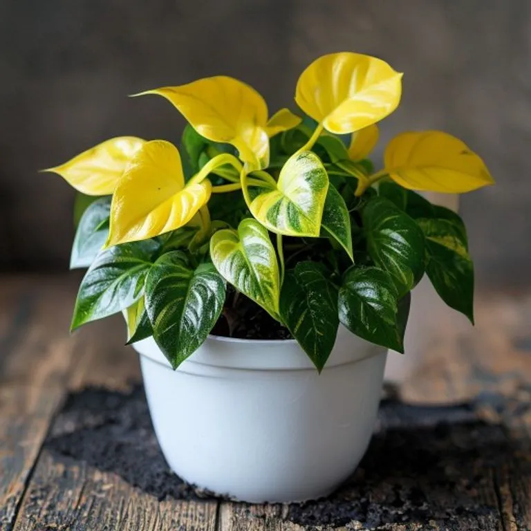 Pothos plant with yellowing leaves due to overwatering sitting in wet soil